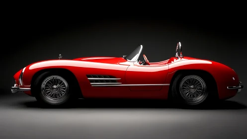 Side-profile study of red vintage roadster with high-gloss reflections