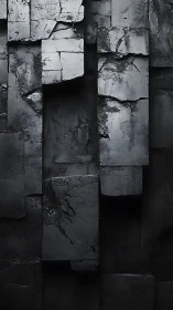 Stacked dark concrete blocks form cracked geometric wall