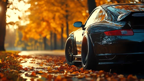 Midnight coupe idling through molten autumn light streets.