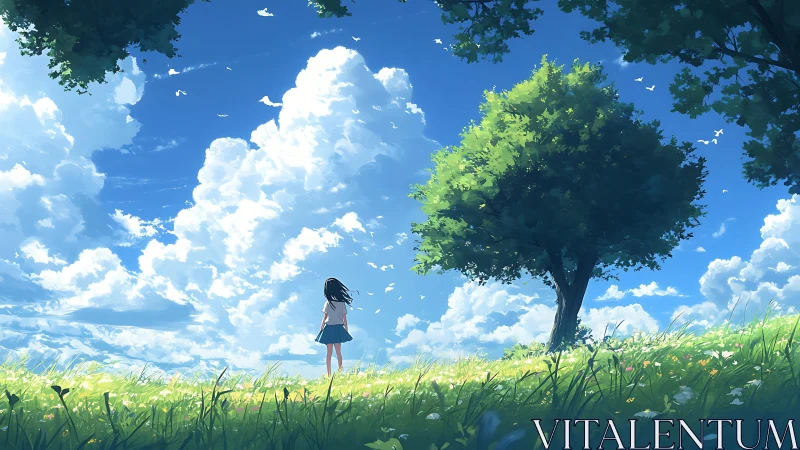 Girl standing in sunny meadow under expansive sky.
