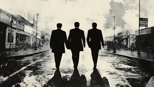Three suited figures walk down a wet urban street at dusk