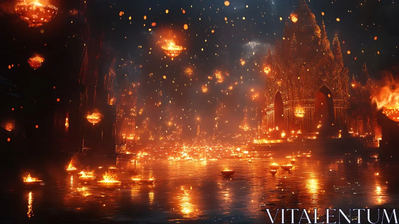 Apocalyptic city engulfed in golden flames and fire.