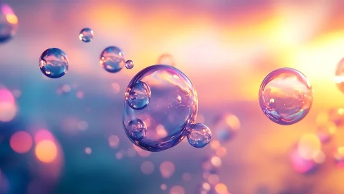 Iridescent soap bubbles drift through glowing sunset light.