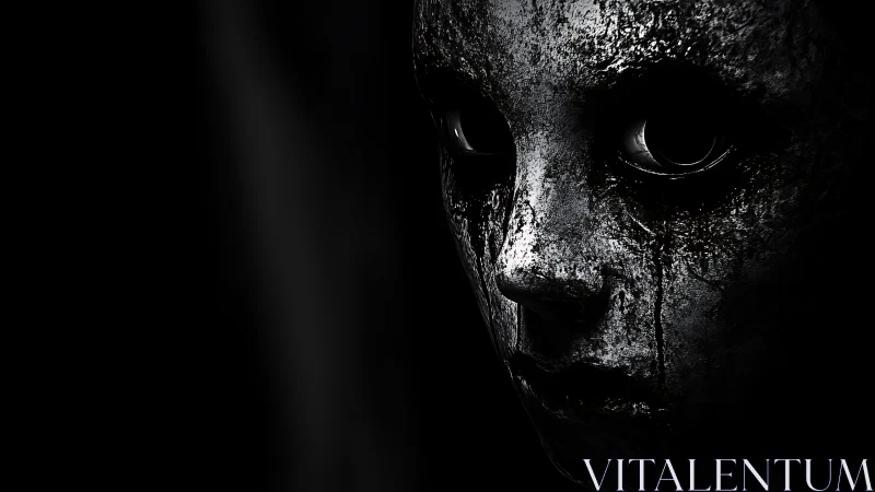 Corroded doll visage in dramatic low key chiaroscuro horror.