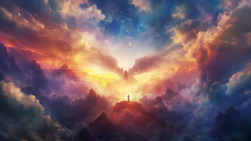 Celestial winged guardian above luminous mountain summit.