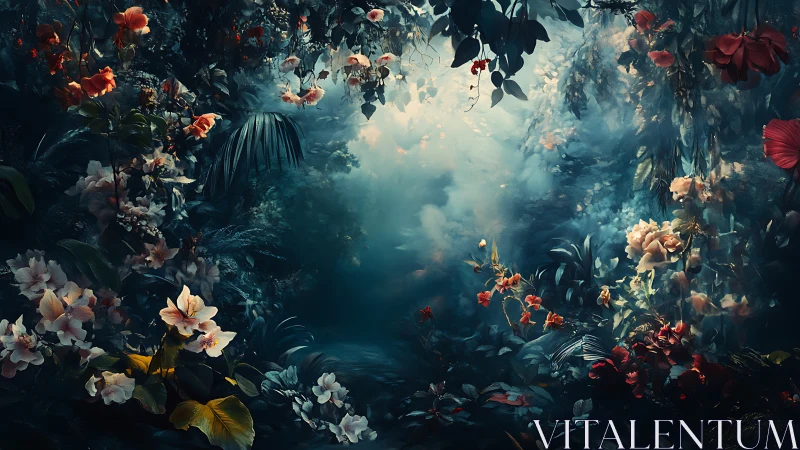 Luminous Garden Sanctuary. Ethereal flowers suspended in mystical fog.