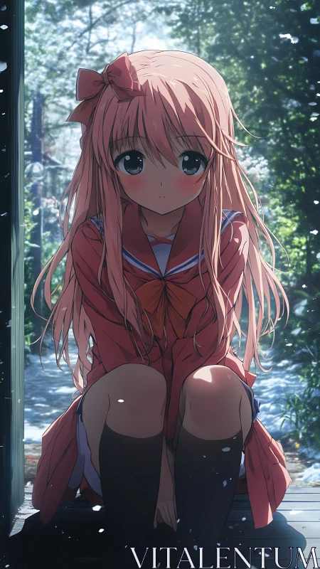 Snowlit veranda portrait of pink haired girl in seifuku.