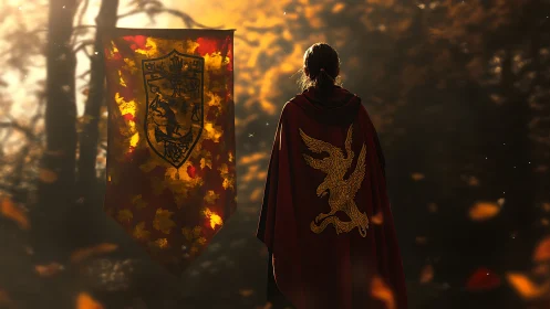 Cloaked figure before heraldic banner in autumn forest.