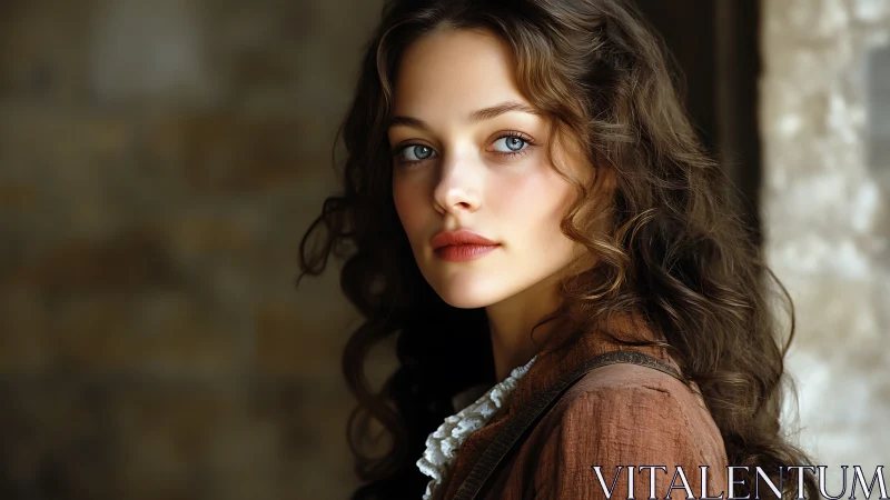 Young woman with curly hair near textured interior wall.