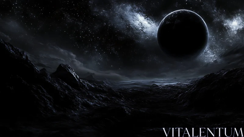 Dark rocky alien seascape under eclipsed planet at night.