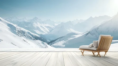 Wood deck lounge chair overlooks vast snowy alpine range