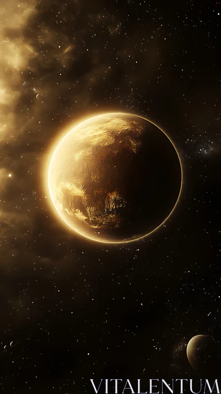 Golden illuminated planet against dense star field in space.