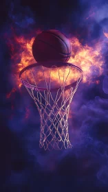 Flaming basketball over hoop in dramatic purple smoke night.