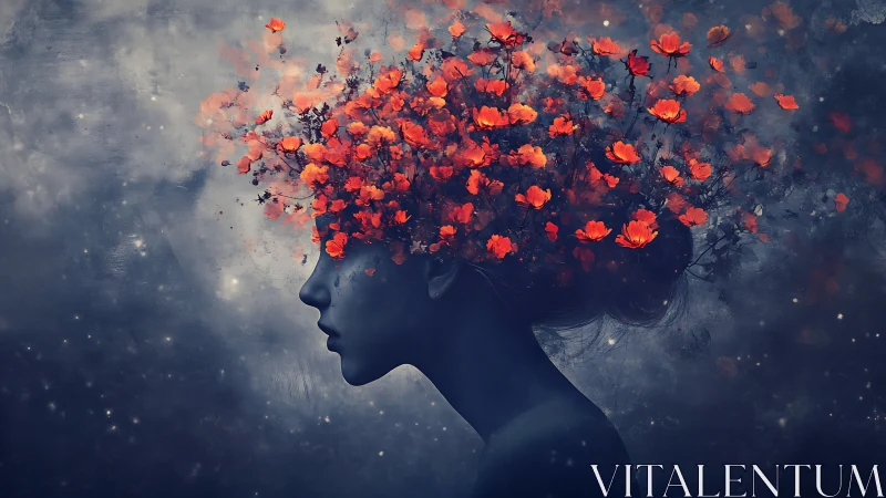 Silhouette portrait with red floral head in dark space scene.