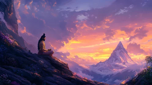 Meditating sage on twilight ridge facing luminous peak.