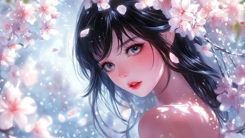 Digital portrait shows female figure amid cherry blossoms