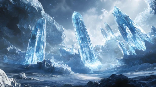 Frozen alien landscape with towering blue crystal monoliths.