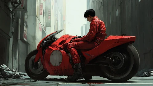 Rider in red suit sits on futuristic motorcycle in alley