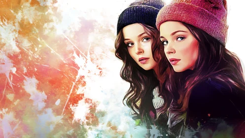 Dual winter portraits in vivid digital watercolor style.