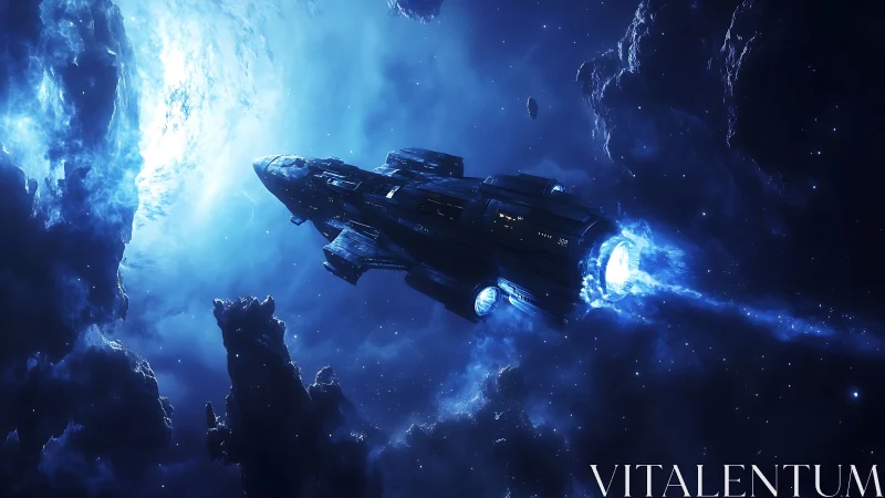 Starship glides toward a glowing cosmic storm in deep space