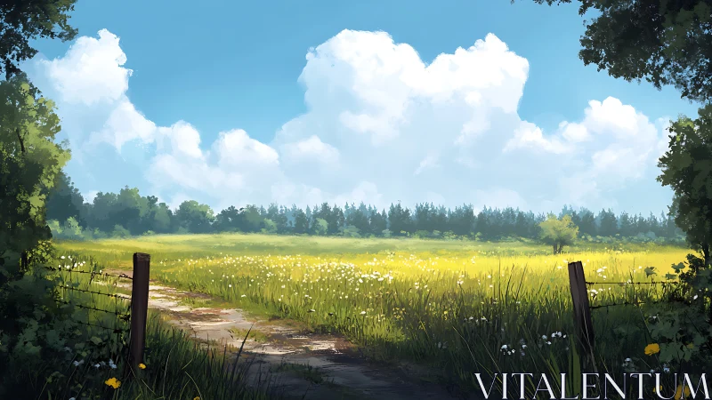 Sunny rural meadow with dirt path and distant tree line.