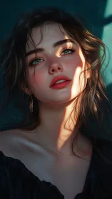 Sunlit portrait of wistful woman with luminous green eyes.