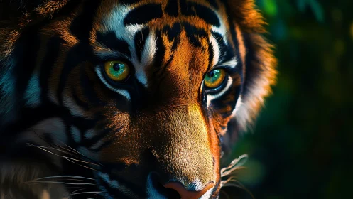 Fire-eyed jungle tiger stares through jeweled shadows.