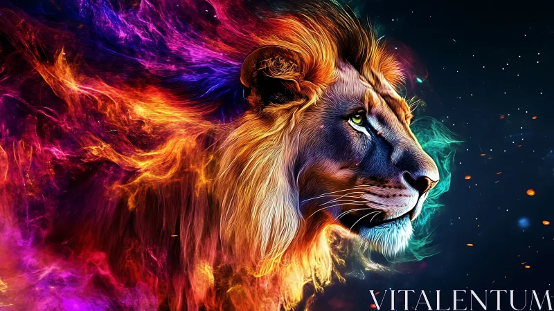 Digital painting of neon spectral lion with dynamic chroma flare.