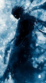 Shadow elemental warrior emerging through blue vortex storm.