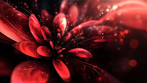 Red abstract fractal flower form expands from dark center