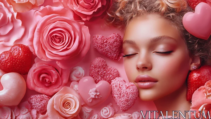 Hyperreal pink portrait merges roses, confections, and soft skin