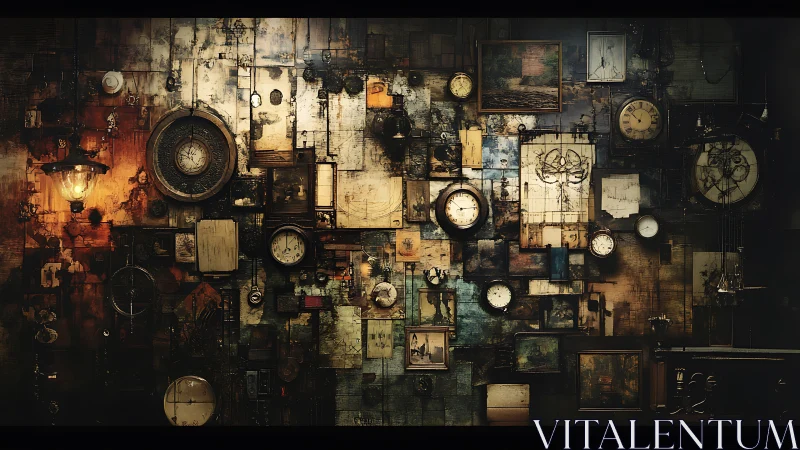 Wall-mounted clock and frame assemblage in muted tones.