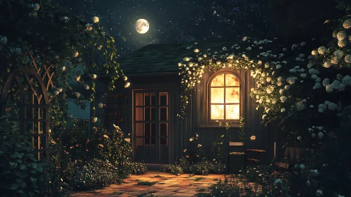 Moonlit garden cottage with glowing window and vines.