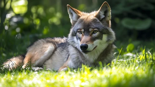 Wolf lies on sunlit grass with bright defocused background