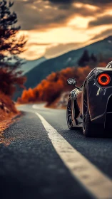 Supercar tail section on alpine highway at sunset glow.