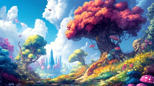 Sunlit fantasy grove where storybook trees glow softly.