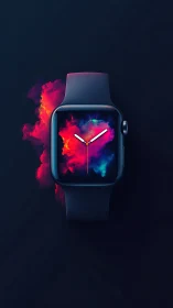 Smartwatch displays vibrant neon cloud against dark space