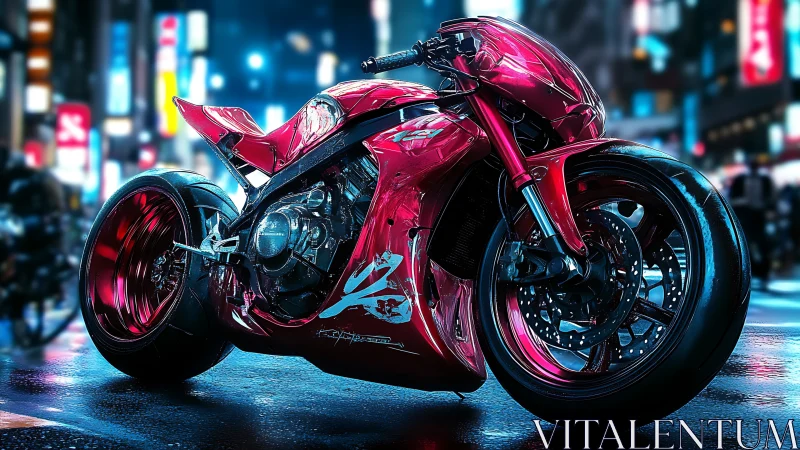Neon red superbike under cyberpunk city lights at night.