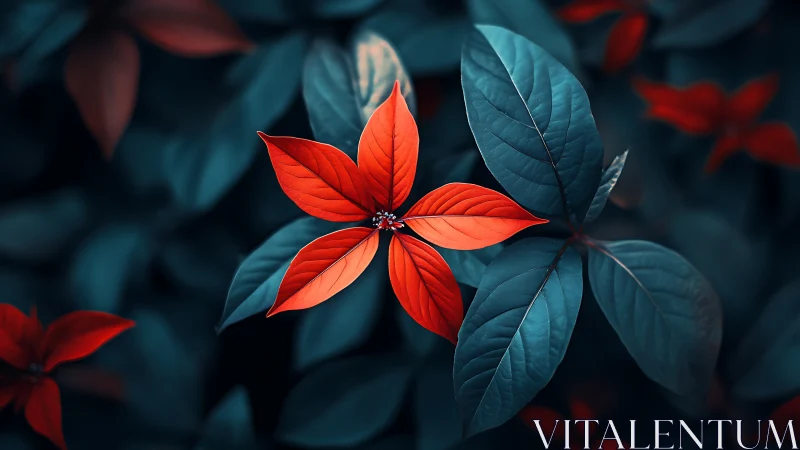 Scarlet leaves glow gently against cool teal garden foliage