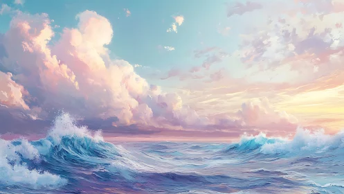 Pastel sunset seascape shows luminous waves under soft clouds