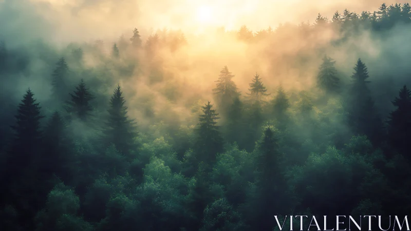 Misty Forest Dawn Breaking Through Ancient Trees.