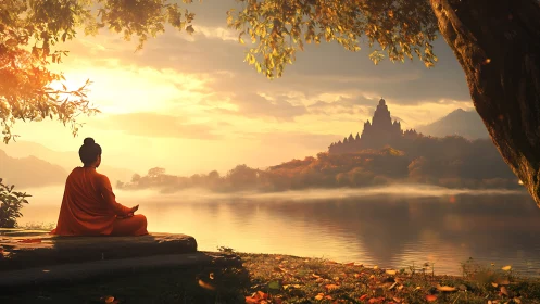 Sunset monastery listens quietly to the monk beside the lake