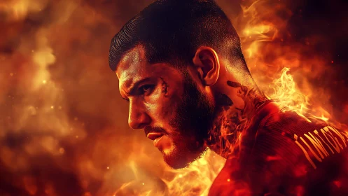 Intense male portrait in flames with vivid orange fire.