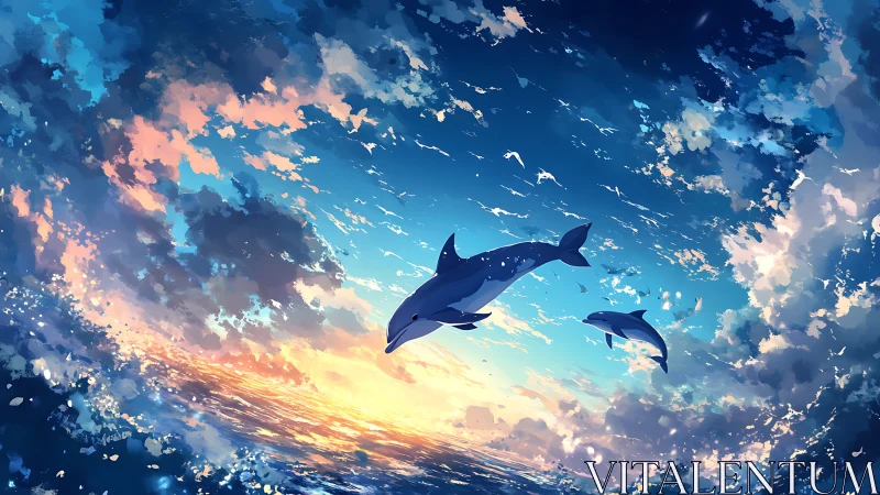 Two dolphins leaping over vivid ocean at dramatic sunset.