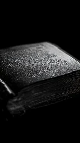 Closed wet book catches hard side light in deep shadow