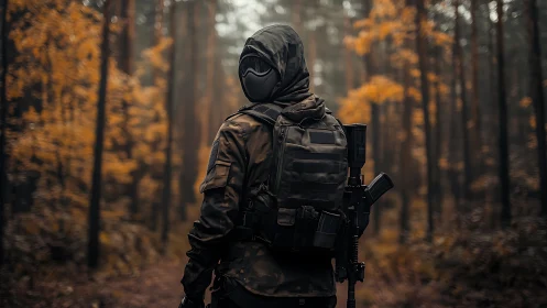 Armed tactical figure walking through autumn forest path.
