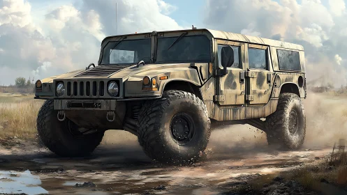 Military off road truck crossing wet muddy terrain.