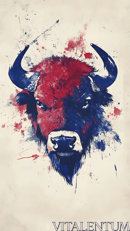 Bison head rendered in dual-tone red and blue splatter illustration