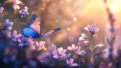 Iridescent butterfly resting in luminous pastel wildflowers.