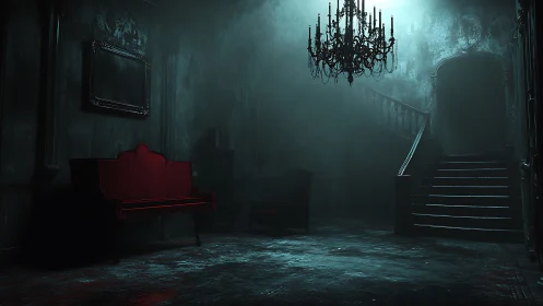 Dark mansion hallway with red bench and grand staircase.